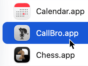 Lista de aplicaciones en Finder con CallBro seleccionado
